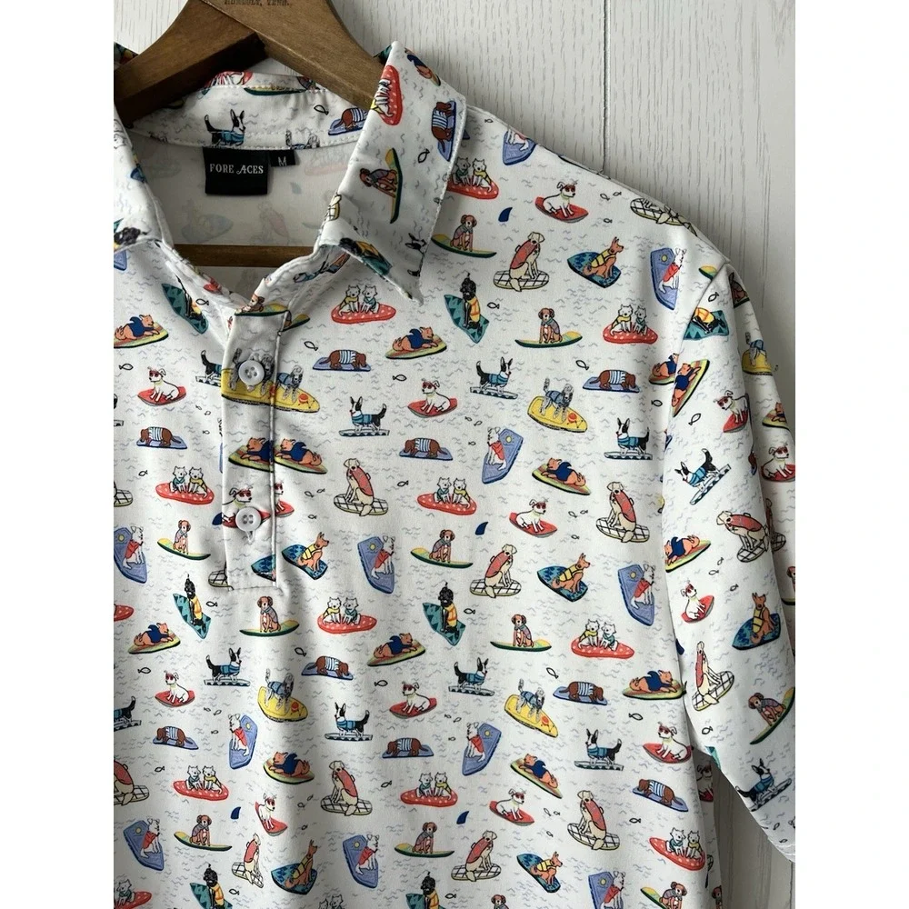 Fore Aces Golf Polo Boogie Board Dogs All Over Print Men's Medium Performance